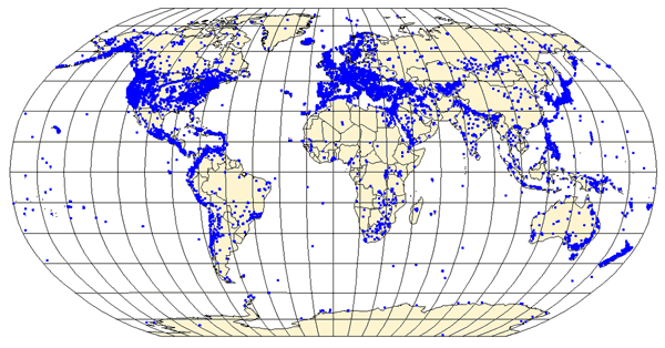 Глобальная сеть сейсмических станций в 2000 году (синии квадратики)